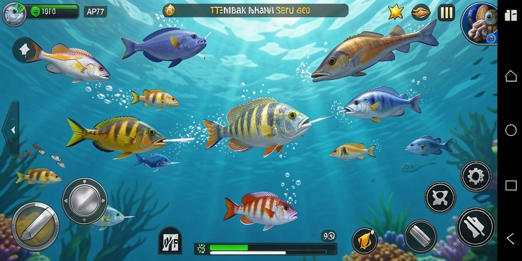 Tampilan gameplay seru dengan ikan berwarna-warni di API77.